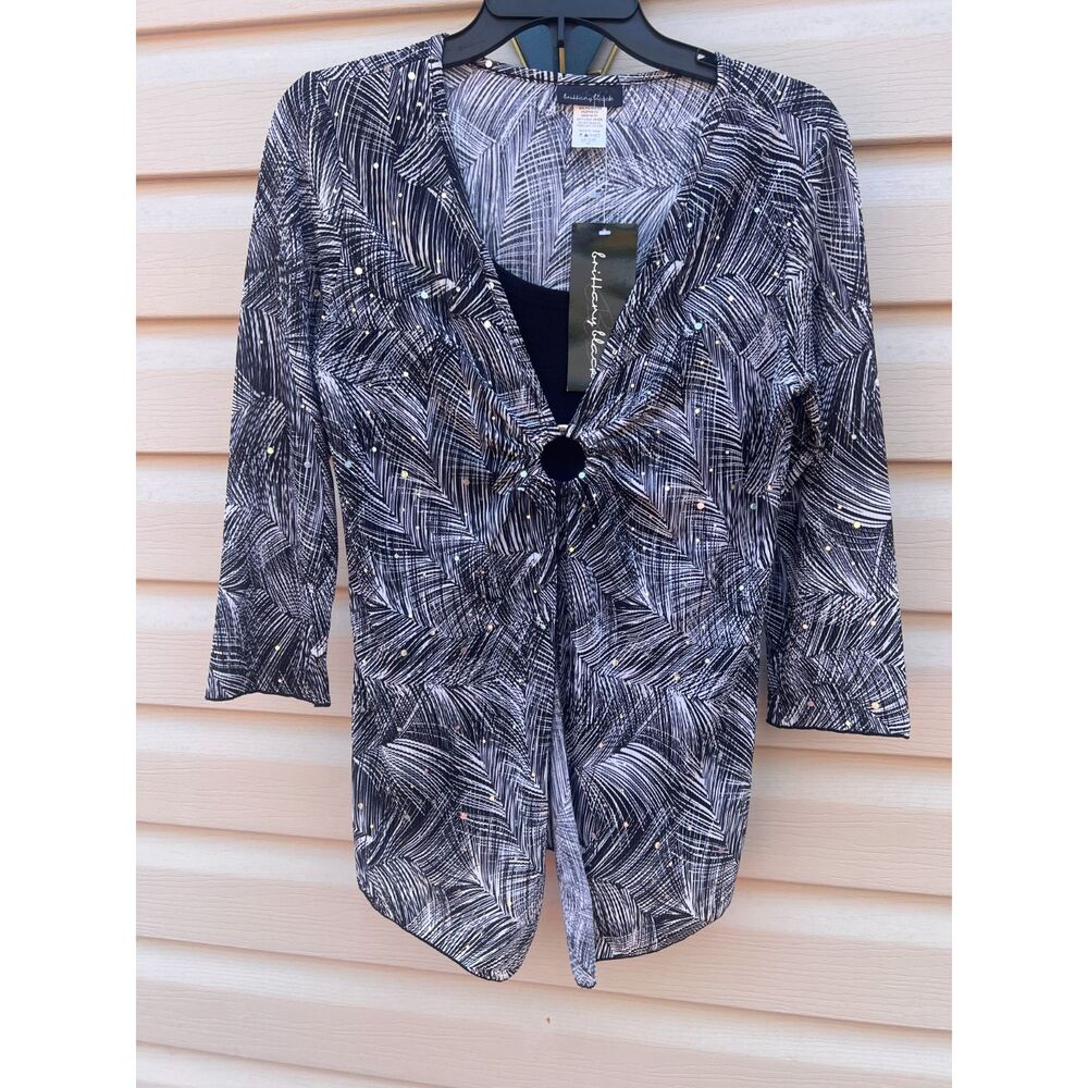 Brittany Black 2-In-1 Rhinestone Layered Look Print Top Blouse Black White NWT